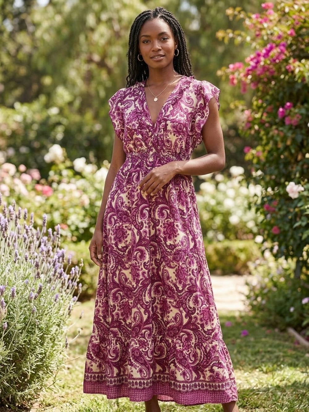 Paisley V-Neck Maxi Dress in Purple
